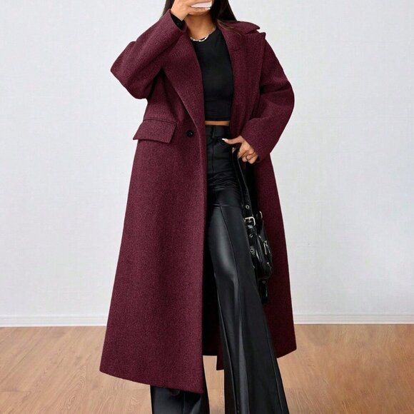 Burgundy Casual Women's Lapel Long Coat - Picture 4 of 6